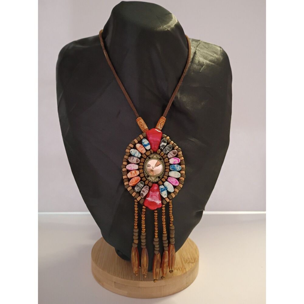 Vintage Leather Bohemian Style Necklace Features a Colorful resin Beaded Pendant
